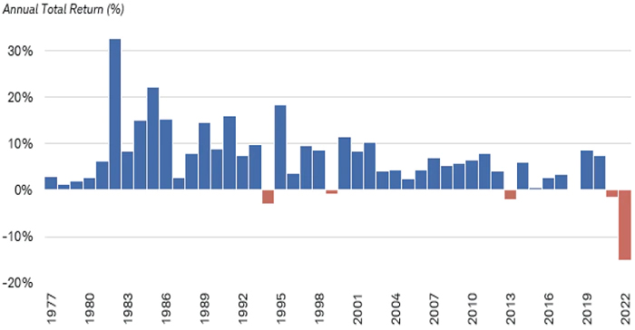 Chart shows annual total return for the Bloomberg US Aggregate Bond Index dating back to 1997.